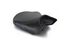 Sargent's World Sport Motorcycle Seat for the 2024+ BMW R 1300 GS, Performance Plus Regular Height Front Only with Blue accents.